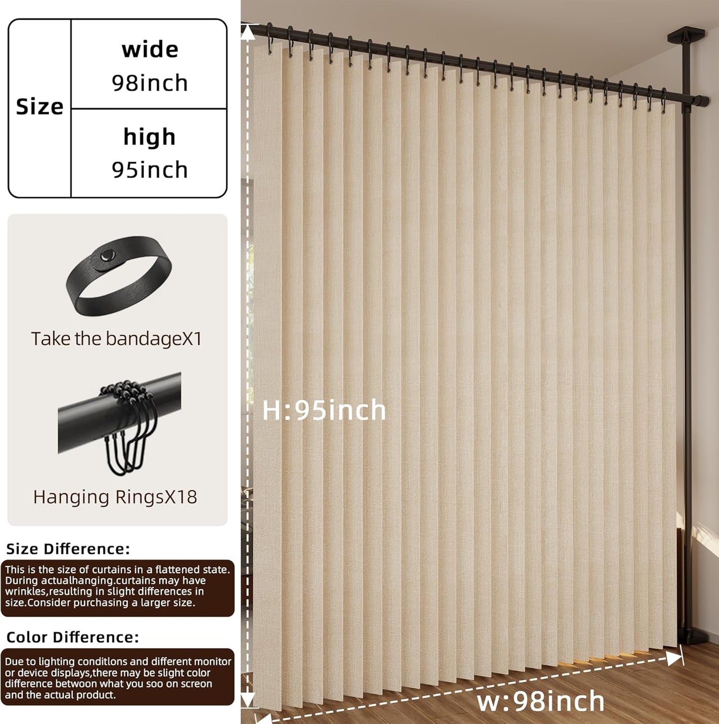 Folding Room Divider Curtain – Lightweight Draping Bedroom Privacy Curtain, Window and Bed Separator with Hooks and Tie-Back (Cream Color, W98*H95inch)