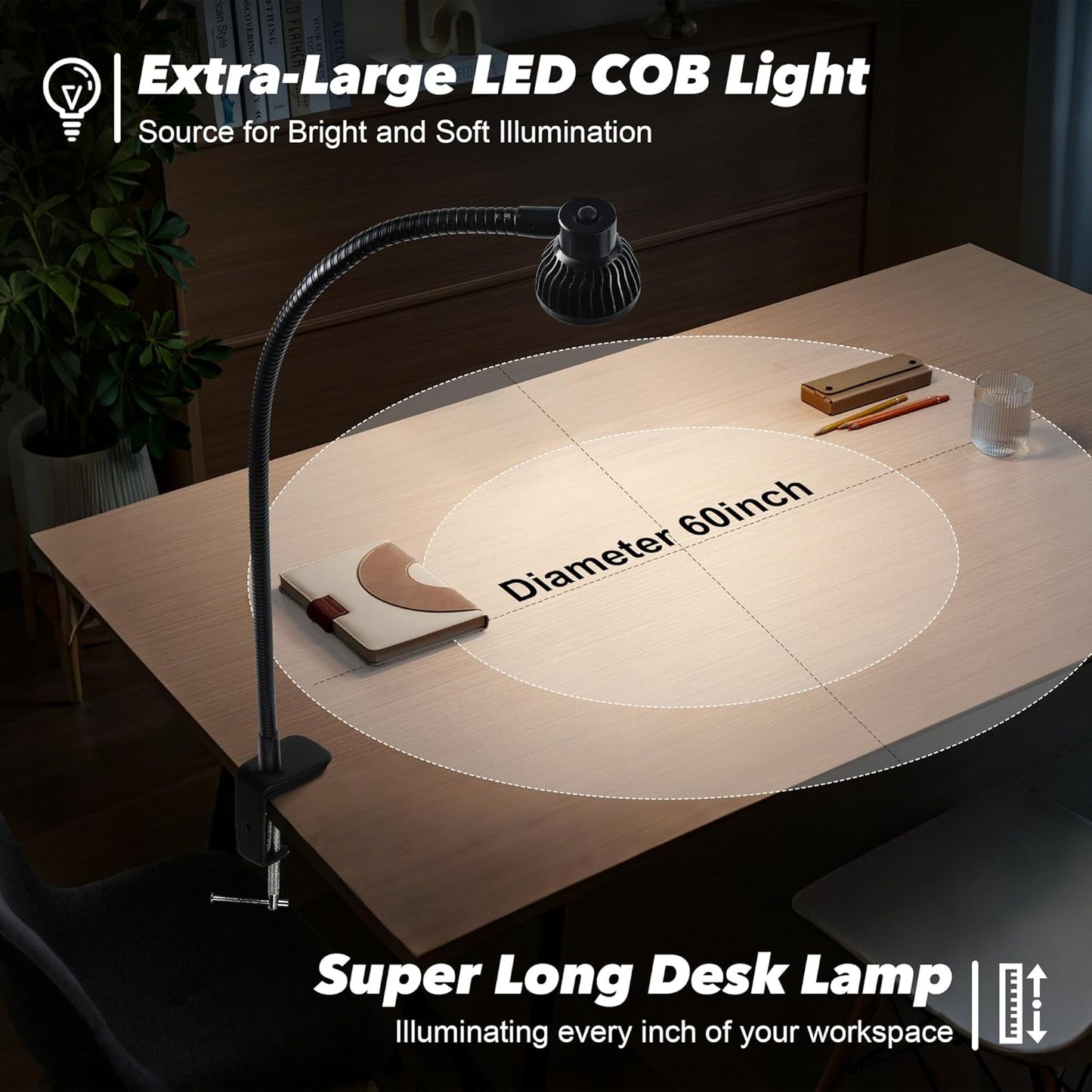 Hersi 5w 30‘’Long Swing Arm 110v/220v Desk Lamp Metal Architect LED Task Light with Clamp, Adjustable Folding Twin-Arm Clip-on Table Lamp,Black