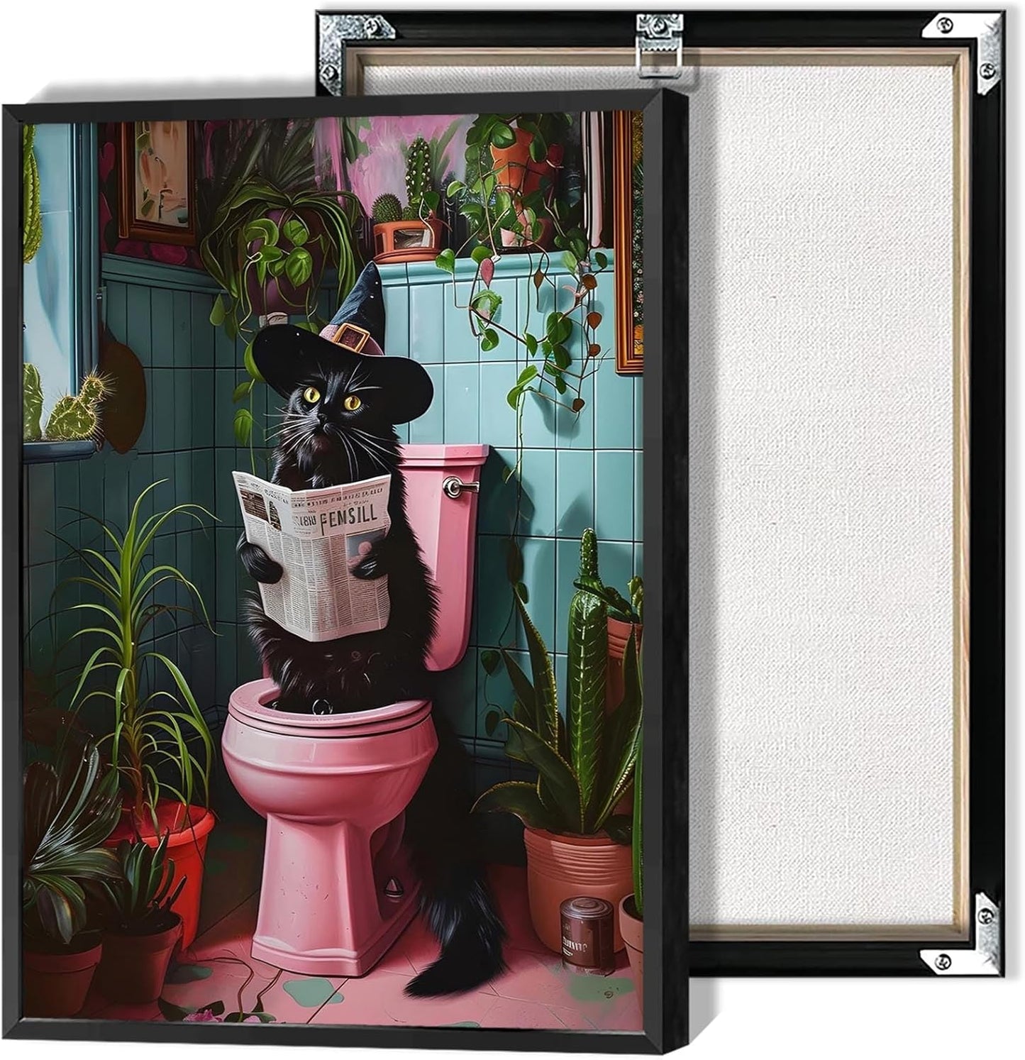 Vintage Cat Reading Newspaper On The Toilet Poster Halloween Bathroom Canvas Wall Art Dark Academia Funny Gothic Prints Painting For Home Bedroom Dorm Wall Decor 12x16in Unframed