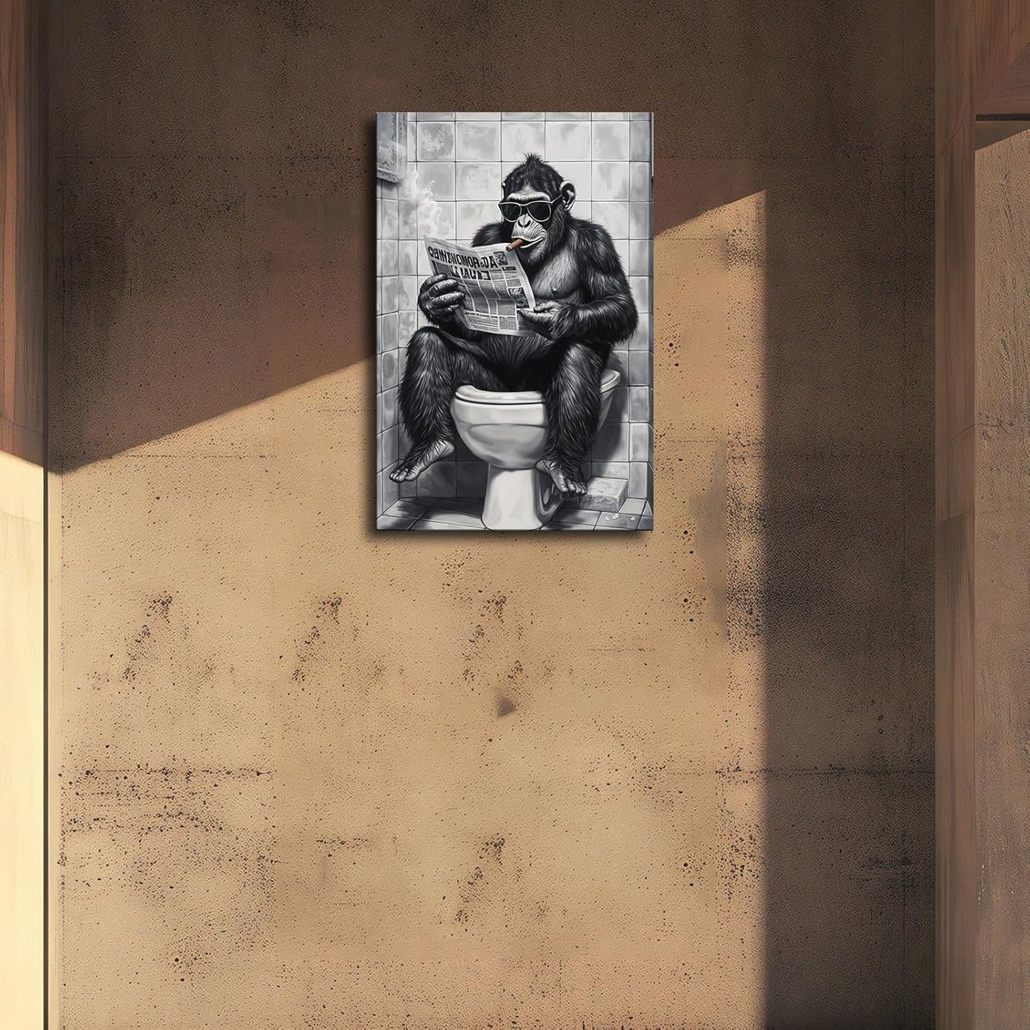 Monkey on Toilet Reading Newspaper Wearing Sunglasses Smoking Poster Canvas Wall Art Framed Wall Art Prints Living Room Bedroom Decor Paintings (24x36inch-Framed)