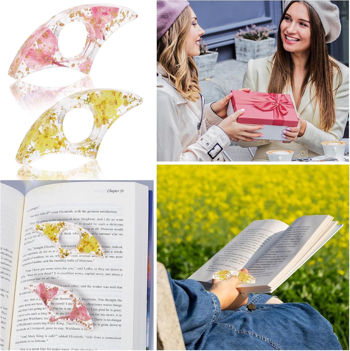 Book Page Holder, Tumwisk 2PCS Reading Accessories, Handmade Dried Flower Thumb Page Holder, Reading Accessories for Book Lovers, Resin Thumb Bookmark Gifts for Readers（Pink and Yellow