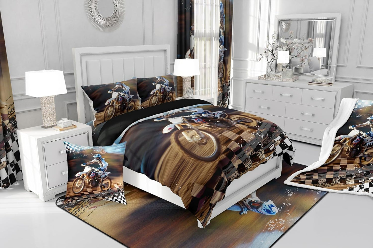Feelyou Dirt Bike Sherpa Blanket for Bed Sofa Couch Kids Boys Girls Twin 60"x80" Motorcycle Racer Fleece Throw Blanket Ultra Soft Extreme Sports Plush Blanket Motocross Rider Fuzzy Blanket Motorbike