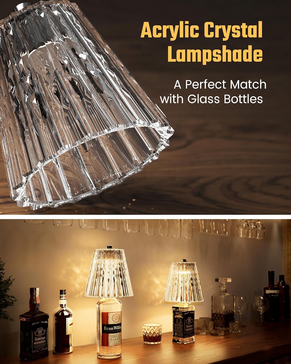 Wireless Bottle Lamp USB Rechargeable with Crystal Lampshade, 3-Color Touch Control Bottle Light Smooth Dimming, Wine Bottle Lamp for Bar Décor, Home, Kitchen & Party Lighting, 2-Pack