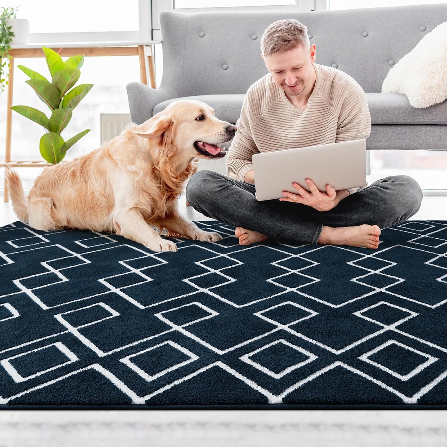 Soft Area Rug for Bedroom, 4x6Ft Moroccan Rugs for Living Room, Geometric Non-Slip Carpet with Memory Foam for Boys Girls's Bedside Office Dorm Hallway, Blue and White
