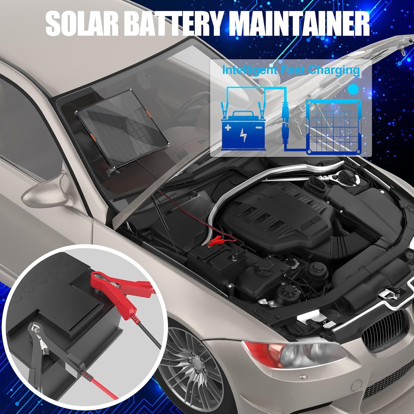 OYMSAE 30W 12V Solar Trickle Charger Maintainer, Waterproof Portable Solar Panel Battery Charger Kit with Cigarette Lighter Plug & Alligator Clips for Car, RV, Truck, Boat, Motorcycle, Marine