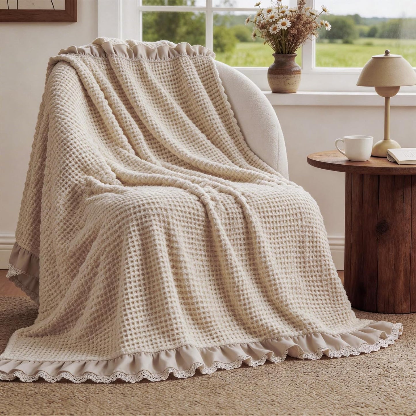 Tegeme Waffle Weave Blanket 43" x 63" 100% Cotton Neutral Boho Farmhouse Woven Knitted Beige Throw with Ruffles Warm Soft Cozy Throw Blanket Decorative Breathable for Couch Bed Sofa