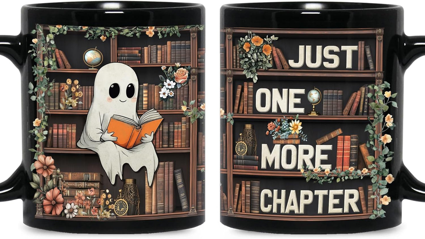 Cute Ghost Reading Mug Gifts on Birthday, Christmas, Funny Book Lover Coffee Mug For Readers, Bookish Decor for Women, Just One More Chapter, Book Club Gifts 11oz Black Ceramic Tea Cup
