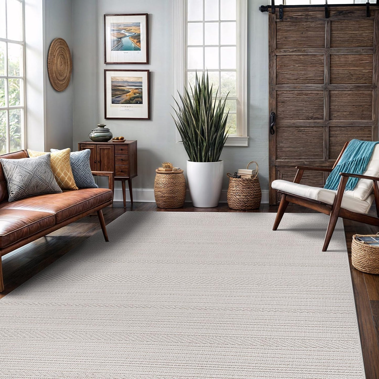 Indoor Area Rug 8x10 White Polyester Indoor Rugs Stripe Soft Loop Easy Clean Carpet for Living Room Bedroom Dining Room Hallway Office Entryway (8 X 10 White)