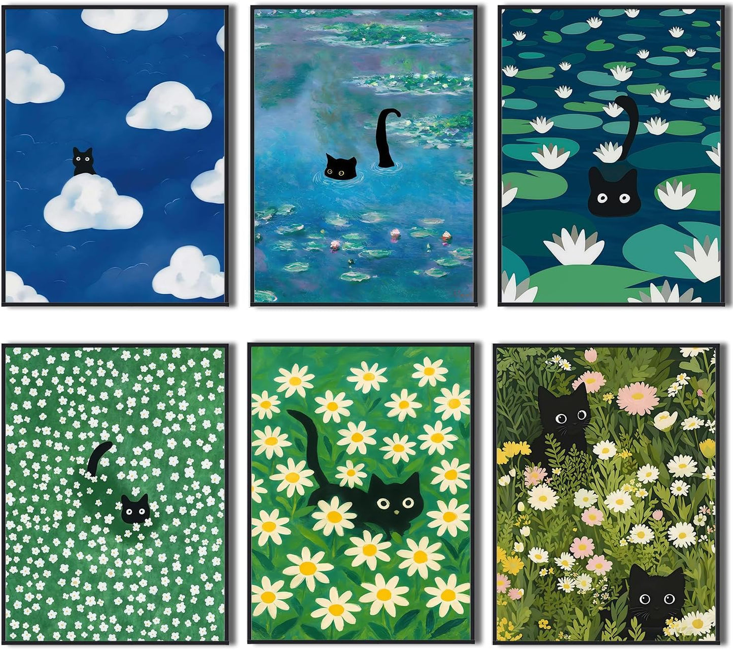 6 Pcs Funny Black Cat Wall Art Cats in Famous Paintings Posters Prints Vintage Gallery Wall Decor Pictures Eclectic Cute Preppy Aesthetic Room Decor (8x10 inch x 6 pcs) Unframed