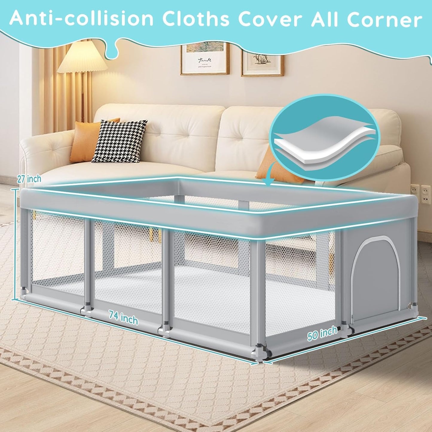 74" ×50" Large Baby Playpen, Baby Playard for Babies and Toddlers, Baby Fence Play Pens for Indoor & Outdoor, Sturdy Safety Play Yard with Soft Breathable Mesh, Anti-Fall, Grey