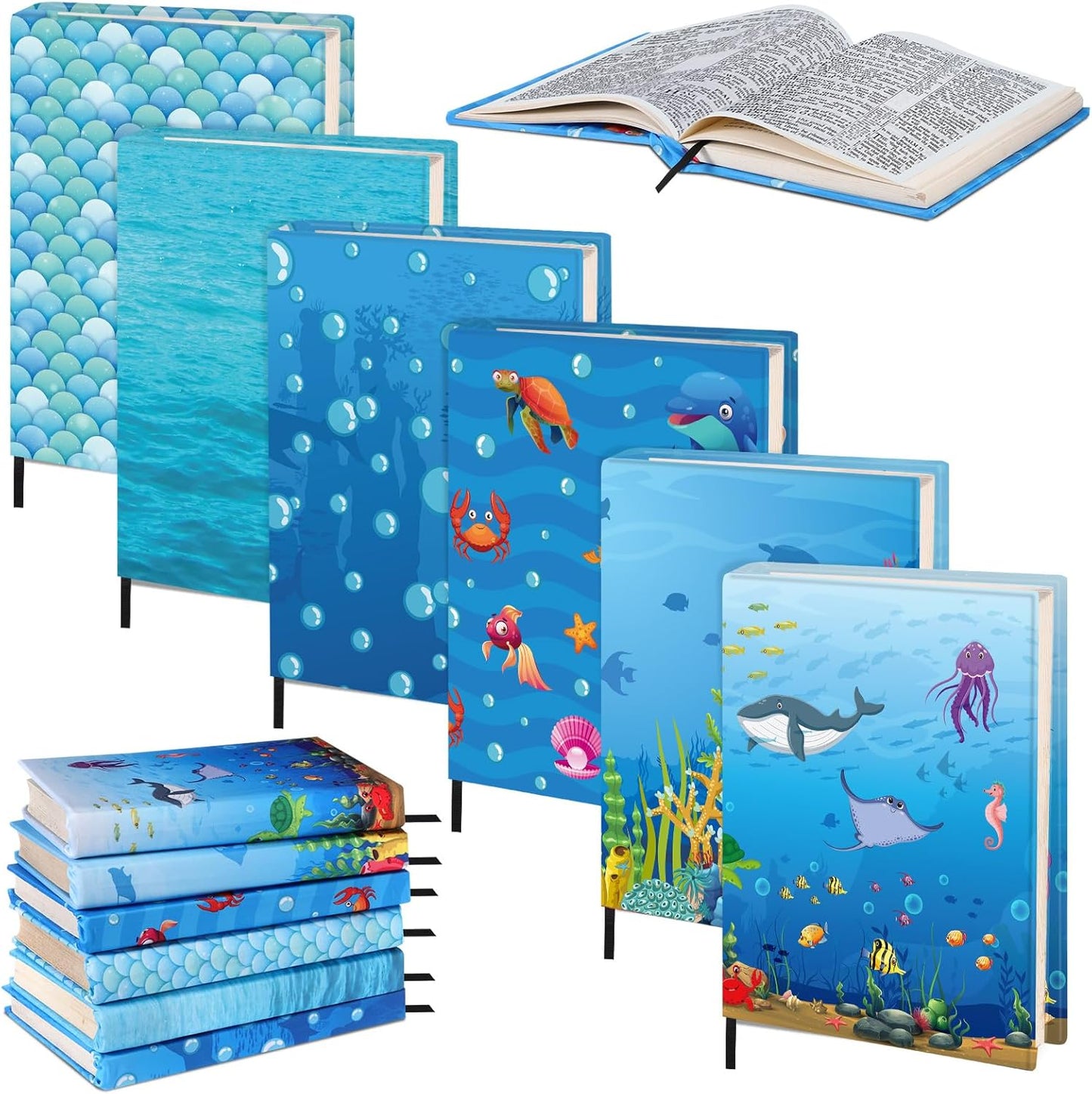 6 Pack Jumbo Stretchable Book Covers, Colorful Covers for Textbook Protection and Care, Washable Reusable Protective for Paperbacks Hardcover Books(Ocean,Blue,9-11inch)