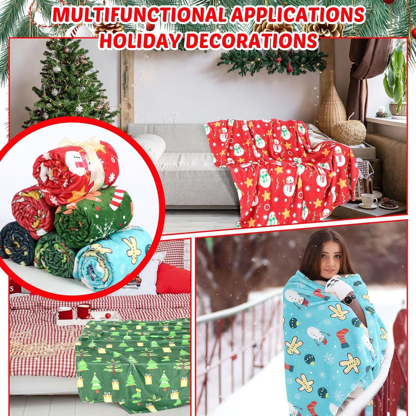 6 Pack Christmas Throws Blanket Bulk Christmas Flannel Blanket Xmas Lightweight Throw Soft Warm Fluffy Plush Quilt for Living Room Couch Dorm, 40 x 50 Inches