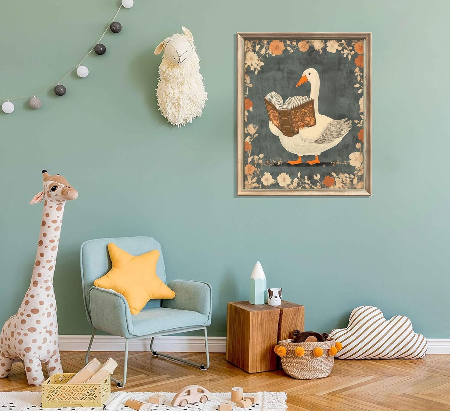 Nursery Book Wall Art Reading Goose Canvas Print Vintage Aesthetic Book Poster Inspirational Educational Picture Botanical Flowers Painting Wall Decor for Library Reading Room Bedroom Unframed