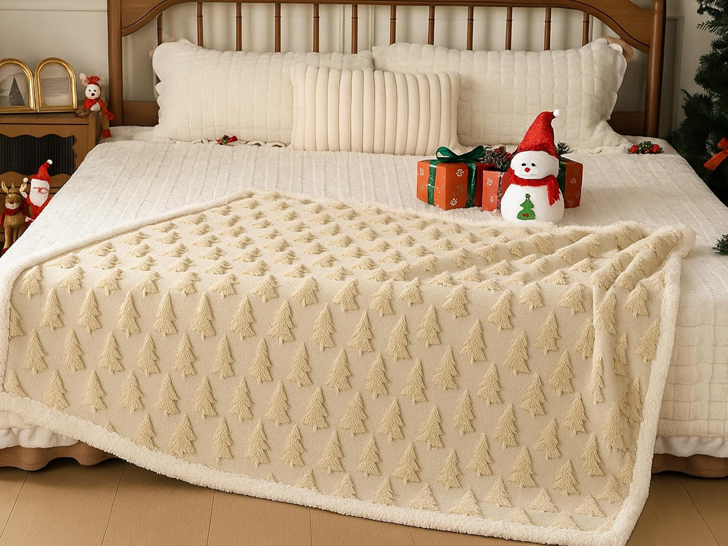 Christmas Sherpa Throw Blanket 3D Christmas Tree Snowflake Reindeer Double-Sided Thick Soft Plush Fluffy Decoration for Couch, Bed, Sofa Holiday Party Gifts, 50" x 60"(Beige, Xmas Tree)