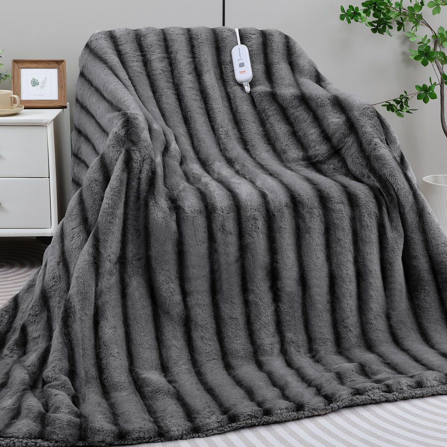 Heated Blanket Electric Throw- 50"x60" Soft Thick Faux Fur Electric Blanket for Sofa with 5 Heat Levels & 4 Hours Auto-Off Overheat Protection, Warm Cozy Gifts, Grey