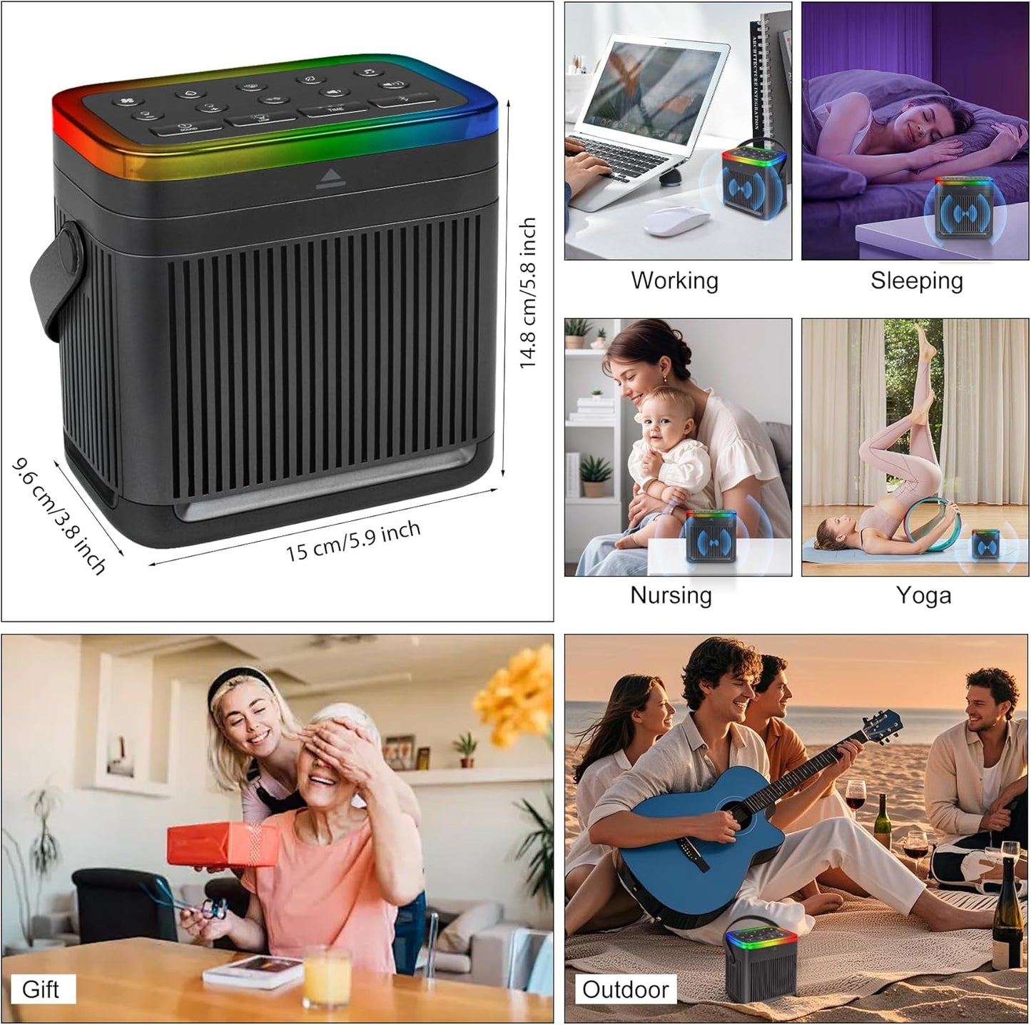 White Noise Sound Machine for Sleep, Portable Noise Sound Machines with 7 Colors Night Lights, 70 Soothing Sounds Bluetooth Speaker Memory Function Brown Noise for Baby Kids Adult & Home Office Travel