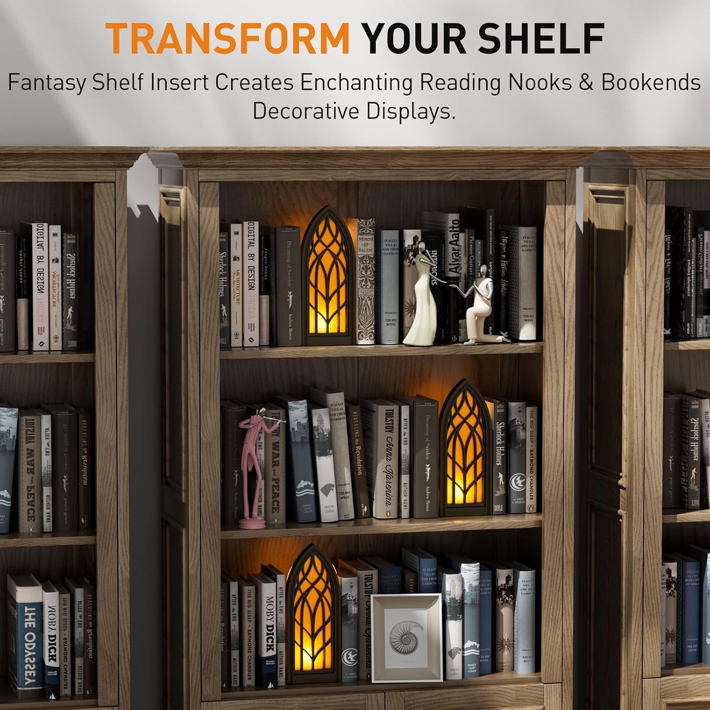 Solid Wood Fantasy Book Nook Shelf Insert - Handcrafted Bookends with Remote Control & Timer, Magical Moroccan Bookshelf Decor Night Light, Unique Gifts for Book Lovers Readers