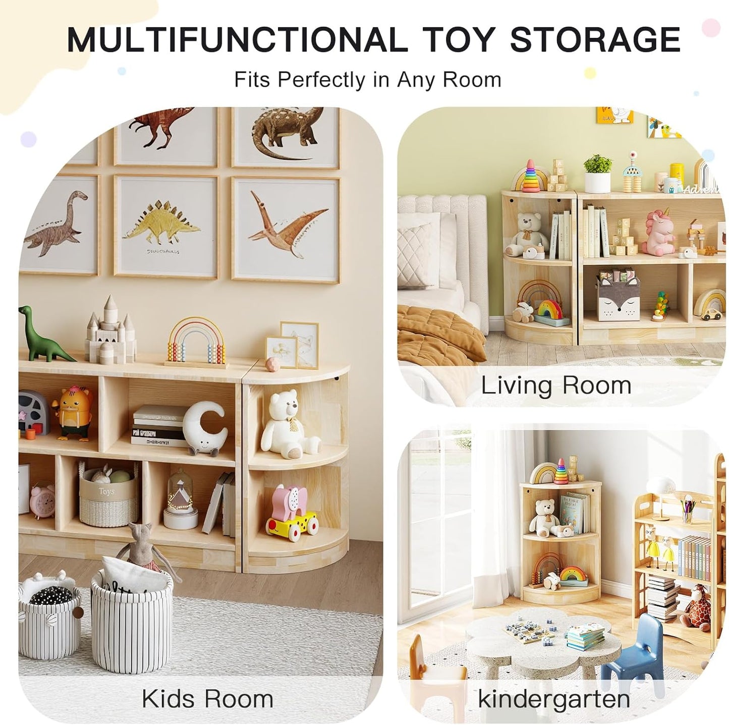 Rubber Wood Corner Cabinet, 2-Tier Kids Montessori Shelf, Toy Storage Organizer and Book Shelf for Playroom, Nursery, Kids Room, Kindergarten