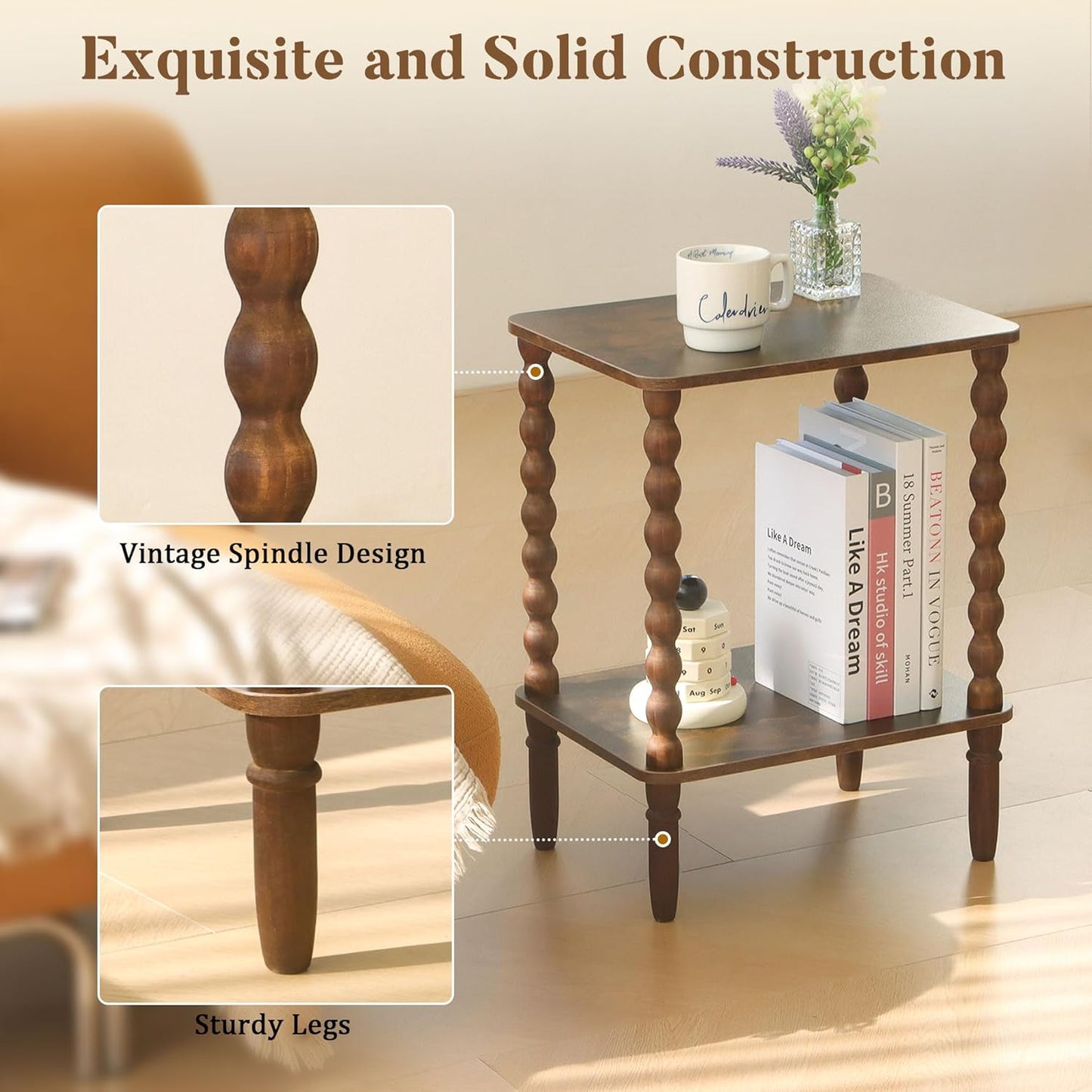 Side Table, Small End Table with Storage Shelf, 2-Tier Small Coffee Tables Living Room for Bedroom, Narrow Spaces (Rustic Brown)