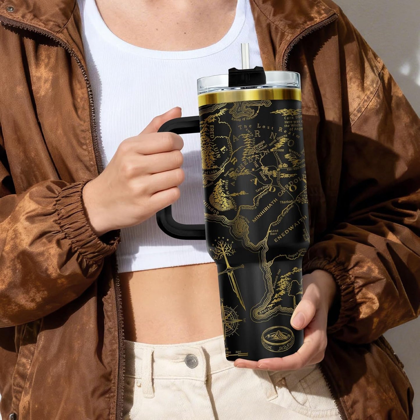 Fantasy Map Laser Engraved Tumbler 40oz Stainless Steel with Handle and Straw Epic Bookish Travel Cup Gold Engraving Gift for Fantasy Lovers Men Women