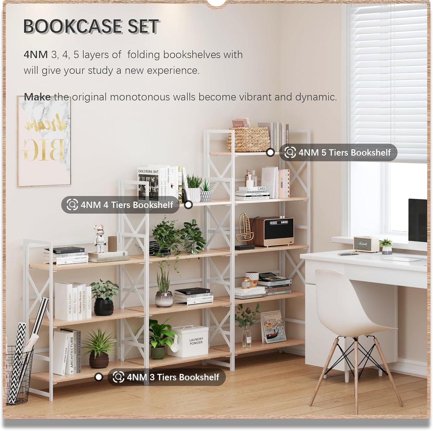 4NM 4 Tiers No Assembly Book Shelves, 41.3" H Folding Bookshelf Bookcase Open Industrial Foldable Shelves for Bedroom, Living Room, Home Office - Natural White