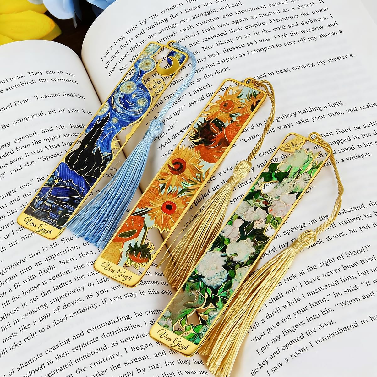 Metal Bookmarks with Tassel, Golden Van Gogh Monet Oil Painting Theme Cute Hollow Book Markers for Reading Women, Teachers, Students, Book Lovers, Reading Accessories Gifts for Book Lovers (6PCS)