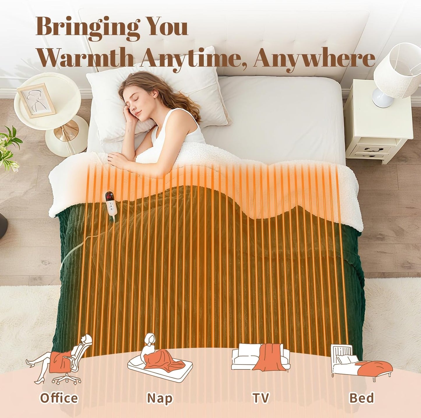 Electric Heated Throw Blanket - 50"x60" Fast Heating Bed Blankets with 6 Heating Levels & 4 Hours Auto Off, Soft Ribbed Flannel Sherpa, Over-Heated Protection ETL, Dark Green