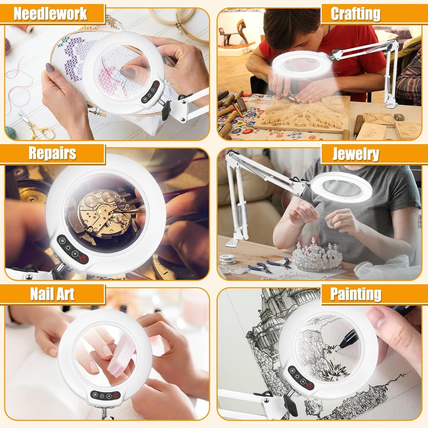 12X Magnifying Glass with Light and Stand (No Acrylic Lens), 2-in-1 Lighted Magnifier with Clamp 5 Color Modes Dimmable LED Desk Lamp Hands Free for Painting Craft Sewing Hobby Close Work White