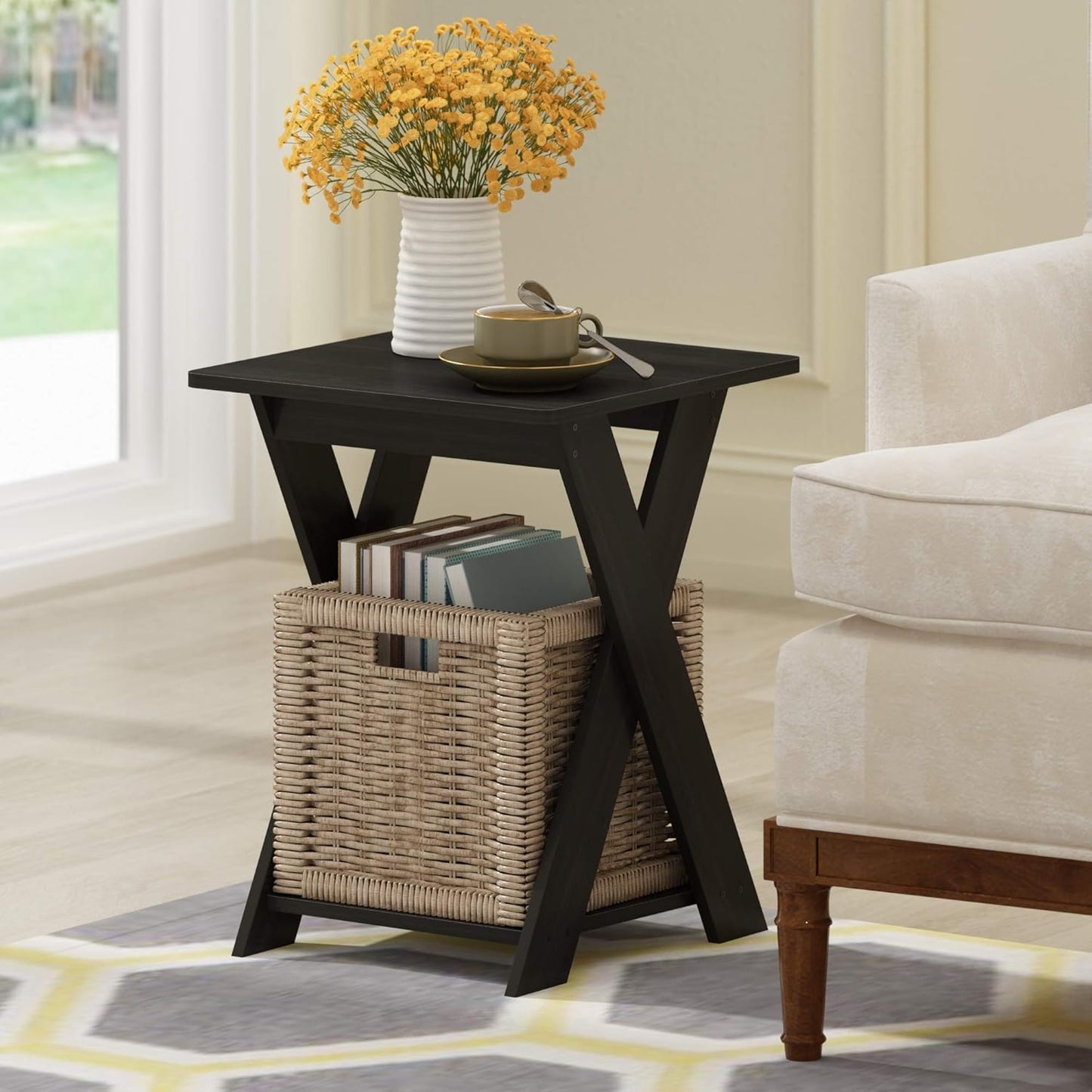Furinno Modern Simplistic Side Table, 2-Tier Square End Table with Lower Open Shelf and X-Legs, Criss-Crossed Night Stand, Bedside Table, for Living Room, Bedroom, Espresso