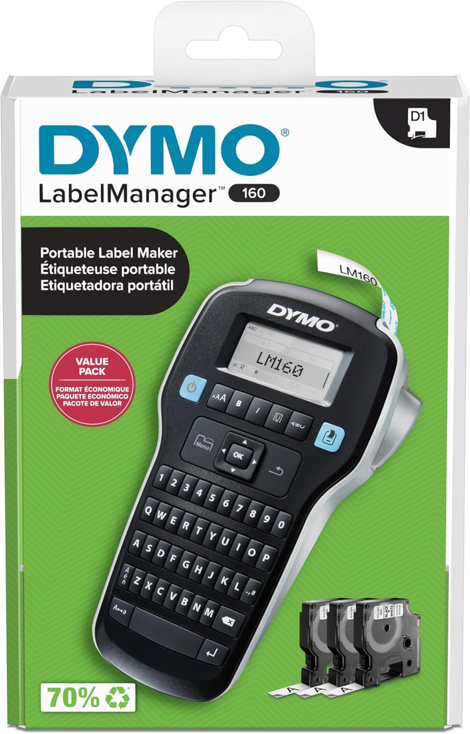 DYMO LabelManager 160 Portable Label Maker Bundle, Easy-to-Use, One-Touch Smart Keys, QWERTY Keyboard, Large Display, For Home & Office Organization, Includes 3 D1 label cassettes