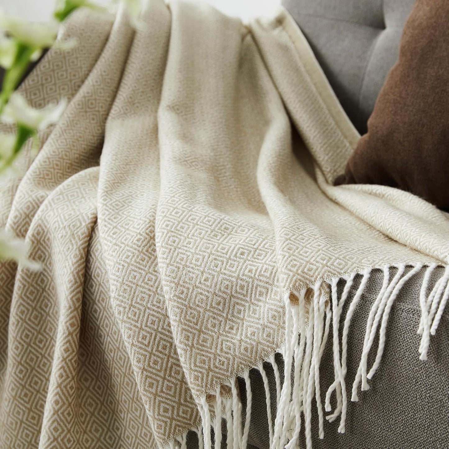 BOURINA Throw Blanket Decorative Faux Cashmere Fringe Lightweight Throw Soft Cozy for Bed or Sofa Outdoor Blanket, 50" x 60" Light Beige