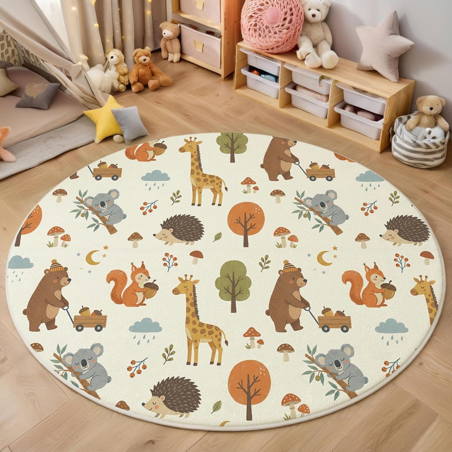 Cute Hedgehog Giraffe Round Rugs 2Ft, Forest Animals Round Living Room Area Rug, Washable Large Soft Circle Rug for Bedroom, Non Slip Ultra Thin Floor Carpet for Dining Room, Beige