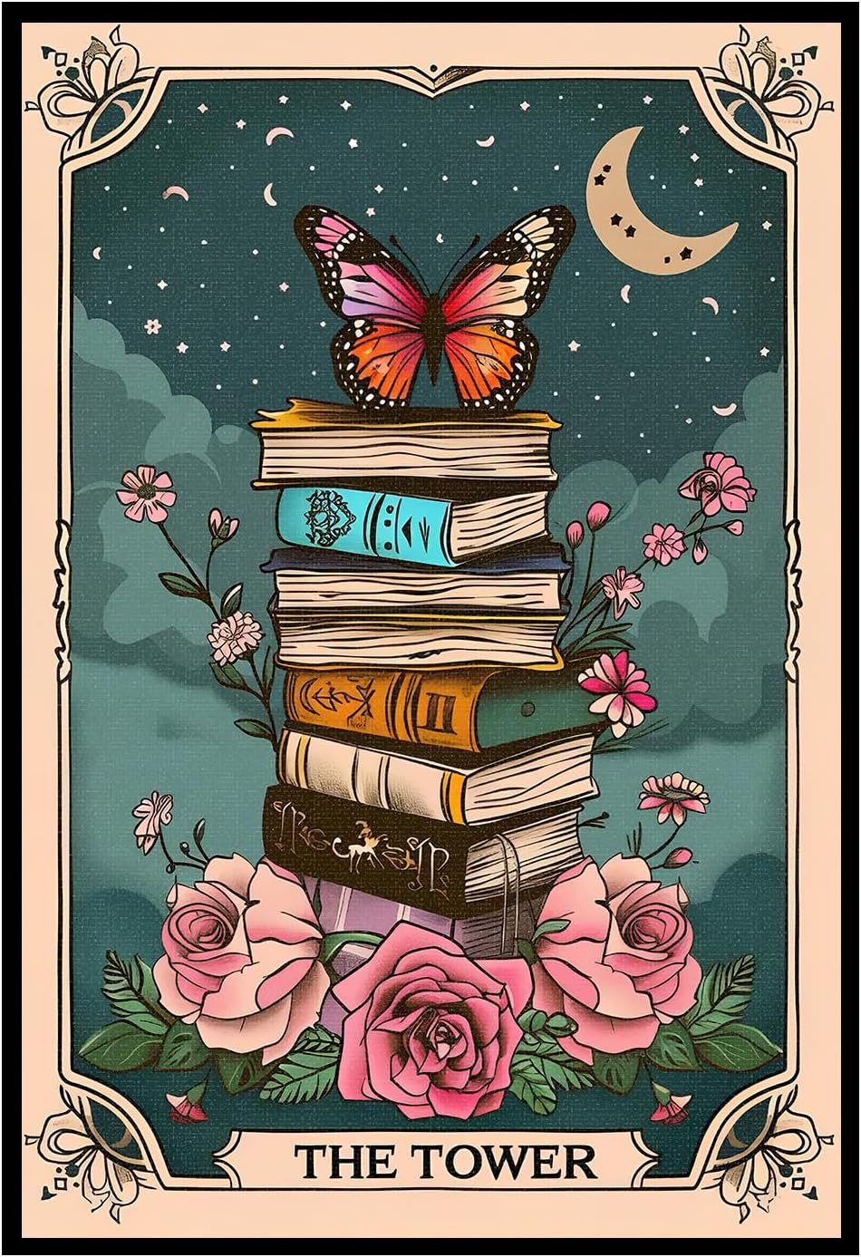 Tarot Card Books Poster Wall art Butterfly Botanical Flower Wall Art Library Reading Canvas Prints Gift for Book Lovers Vintage Bookish Decor 16x24 inch Unframed