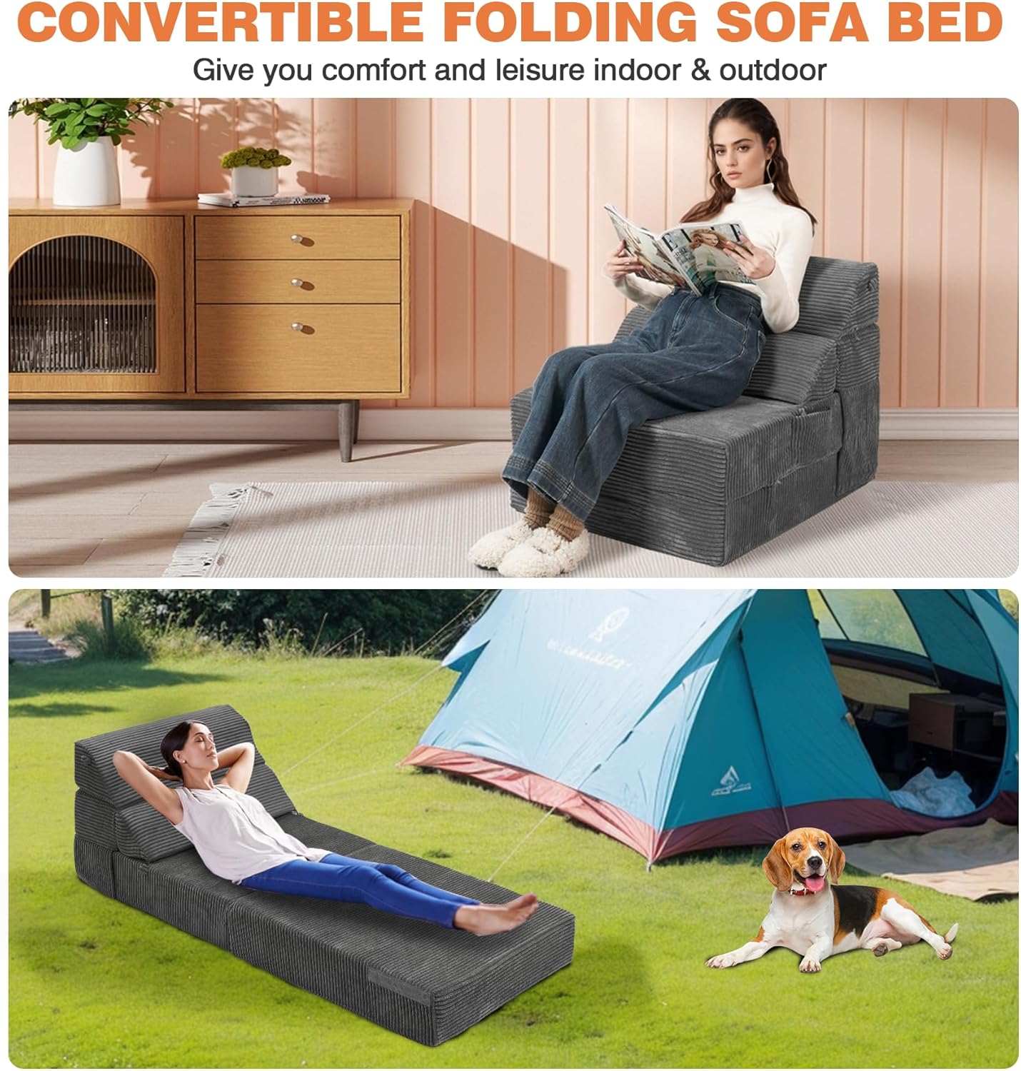 Comfy Folding Sofa Bed - Convertible Sleeper Sofa Fold Out Sofa Bed Sleeper Chair Couch for Living Room Guest, Foldable Floor Chairs Lounger Mattress with Back Support, Dark Grey