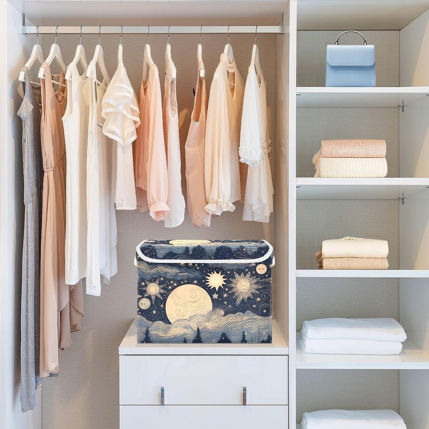 xigua Stars and Moon Storage Bins with Lids and Carrying Handle,Foldable Storage Boxes Organizer Containers Baskets Cube with Cover for Home Bedroom Closet Office