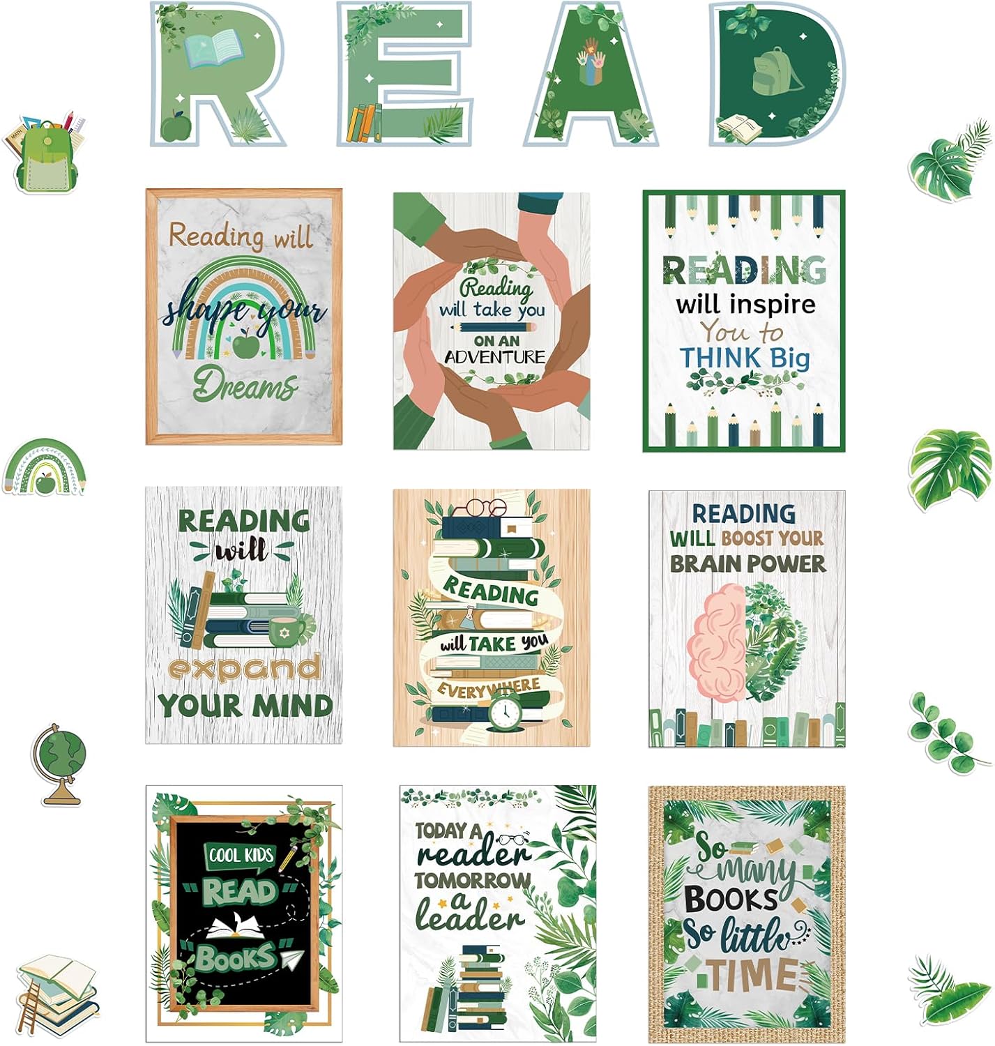 45 PCS Reading Bulletin Board Sets Eucalyptus Classroom Decor Bulletin Board Poster Greenery Classroom Decor for School Classroom Office Home Nursery Library