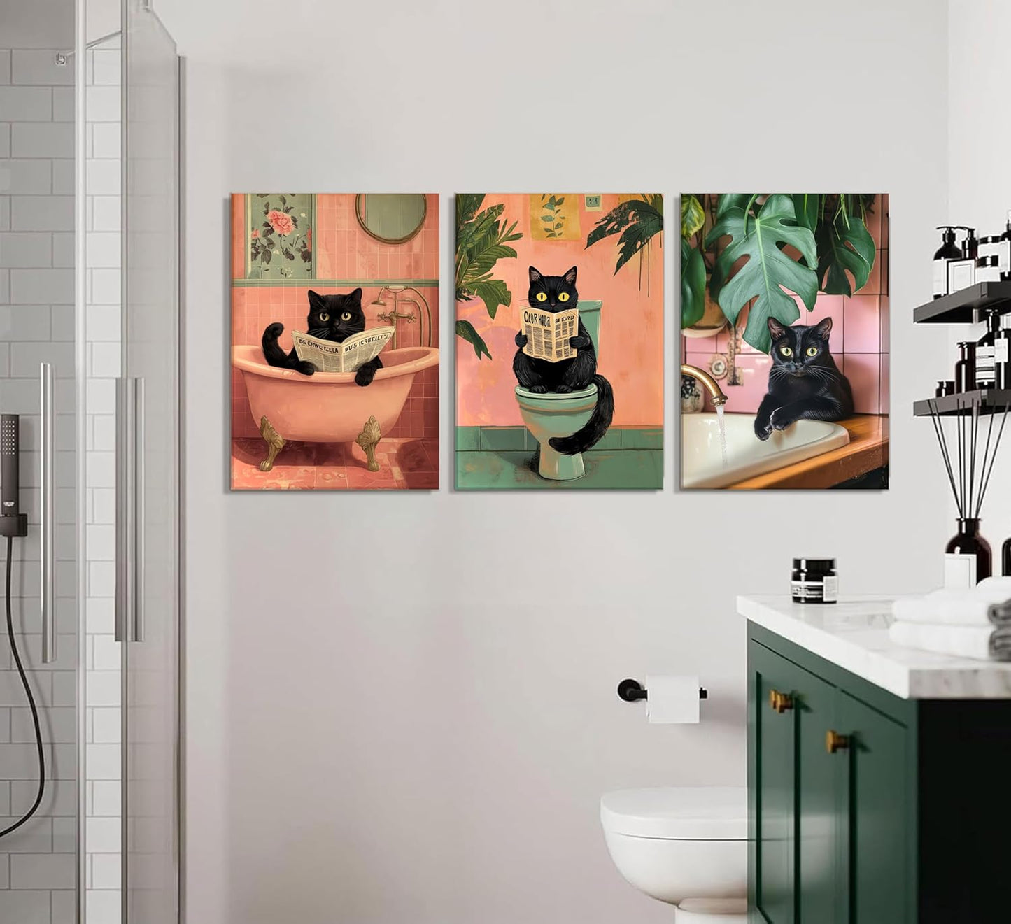3Pcs Pink Bathroom Cat Canvas Wall Art Black Cat Sitting on Toilet Reading Posters Funny Cat Bathroom Prints Pink Animal Pictures Green Botanical Painting Wall Decor for Bathroom Toilet Framed