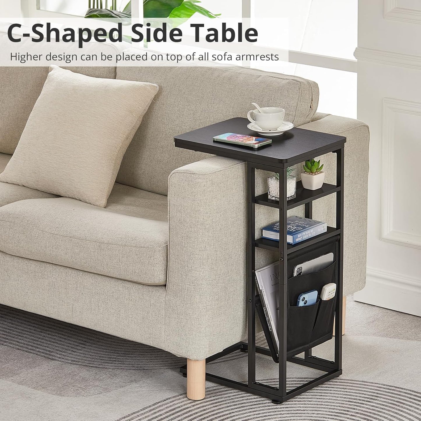 C Shaped End Table 28"(H) 3-Tier C Table with Storage Bag, Under Couch Table C-Shaped End Table with Storage Shelves and Bag for Living Room, Bedroom, or Office