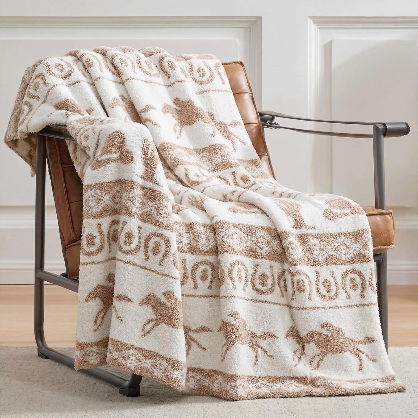Buryeah 50×60 Inch Western Rodeo Reversible Knitted Throw Blanket, Southwestern Cowboy Knit Throw Blanket, Horse Horseshoe Pattern Rustic Ranch Decor Gift for Couch Sofa Bed