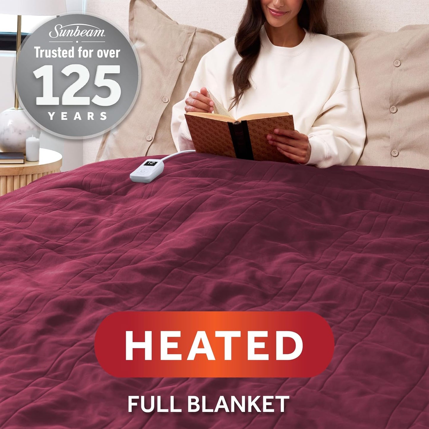 Sunbeam Electric Royal Luxe Microplush Heated Blanket, 12 Heat Settings, 12-Hour Selectable Auto Shut-Off, Fast Heating, Warm and Cozy, Cabernet Color, Full, 84" x 72"