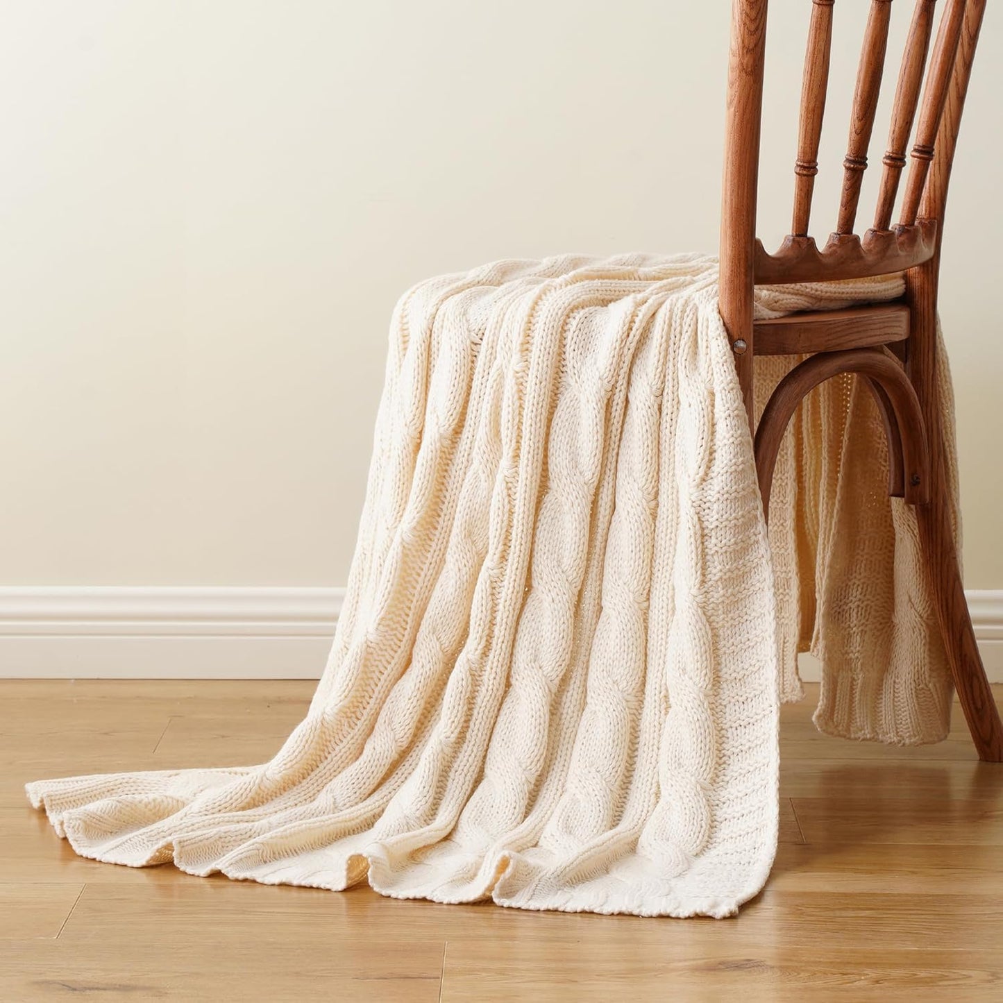 Battilo Cream Ivory Cable Knit Throw Blankets for Couch, Super Soft Warm Cozy Decorative Knitted Throw Blanket for Bed, Sofa, Chair 50"x60"
