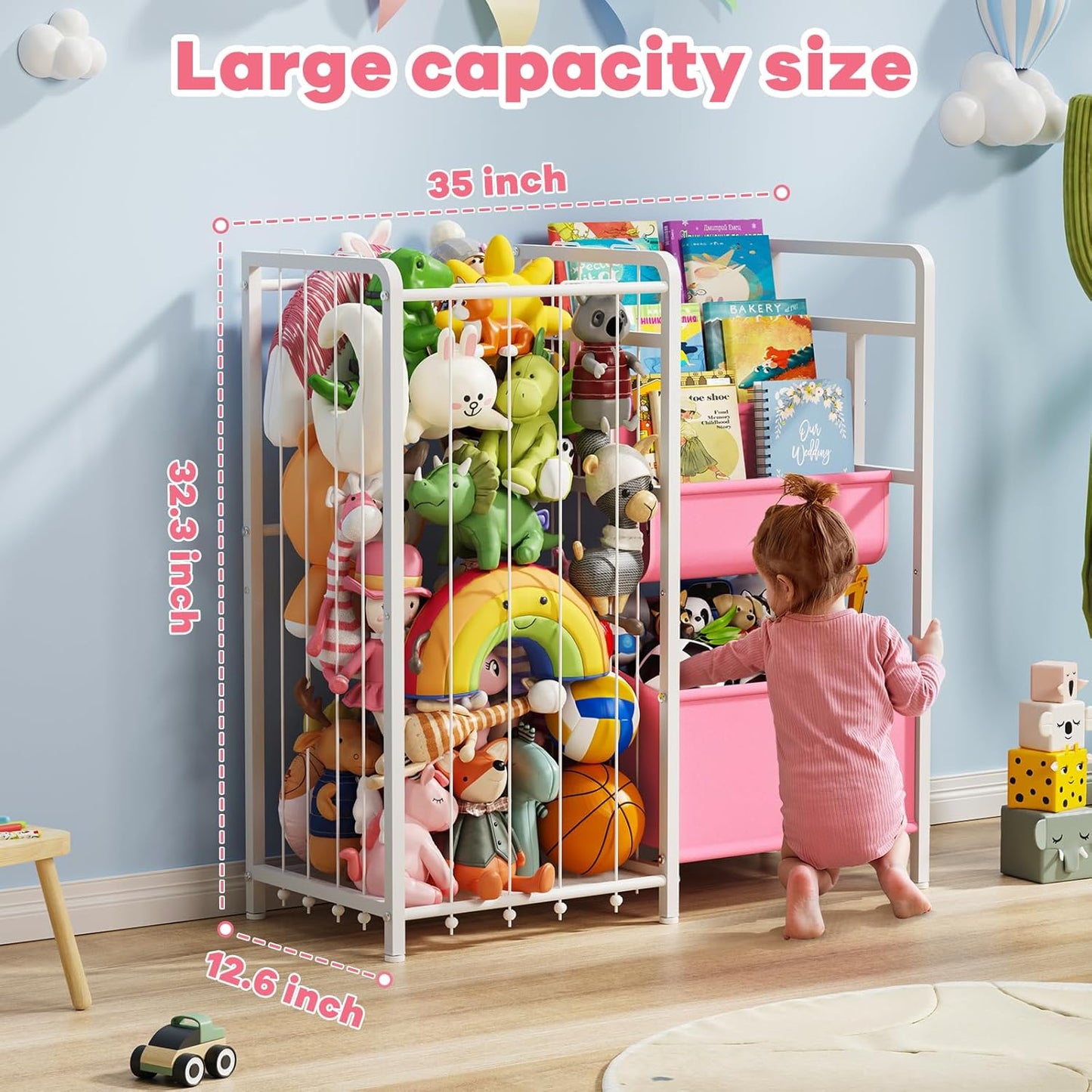 Kids Bookshelf and Toy Storage, 3 Tier Kids Book Shelf for Kid Rooms with Stuffed Animal Storage, Toy Storage Organizer, Stuffed Animals Zoo Storage Cage for Bedroom, Nursery, Playroom