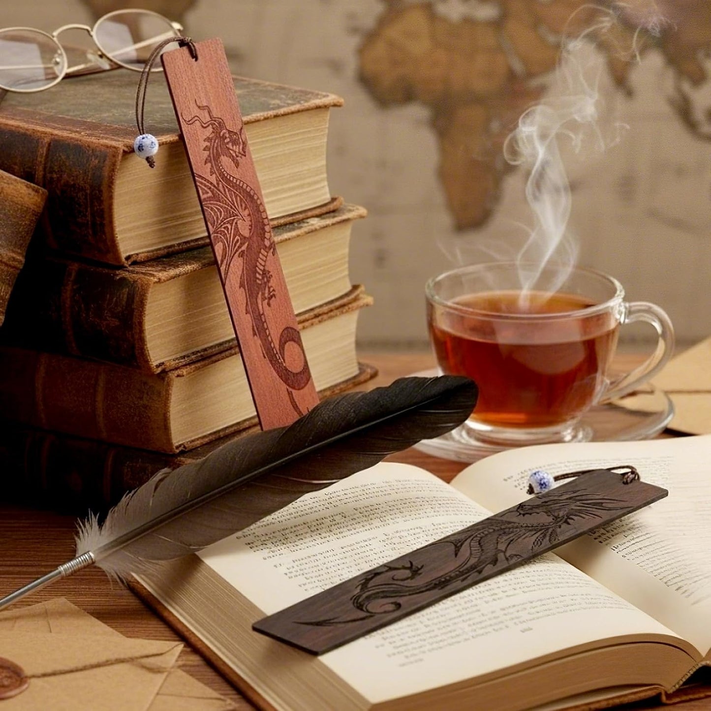Dragon Wooden Bookmark Gifts - 2 Pcs Fantasy Fourth Bookmarks for Men Book Lovers Novel Fans Adults Kids Cool Wing Page Markers School Reading Accessories Bookish Gift for Birthday Graduation