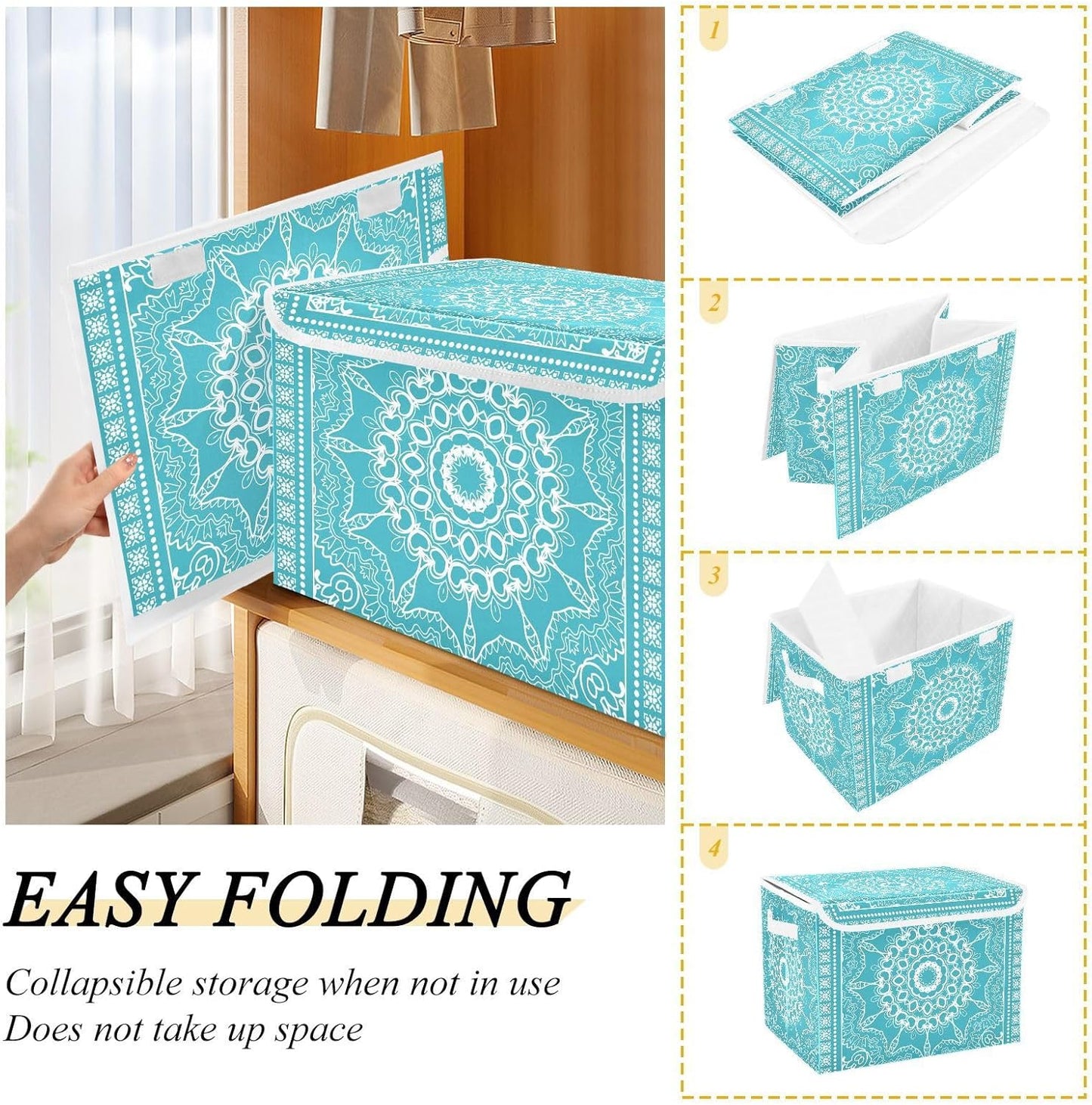 Retro Boho Blue Storage Bins with Lids Fabric Storage Containers Box Organizer with Handles for Closet Shelves Clothes Foldable Decorative 16.5 x 12.6 x 11.8 Inch