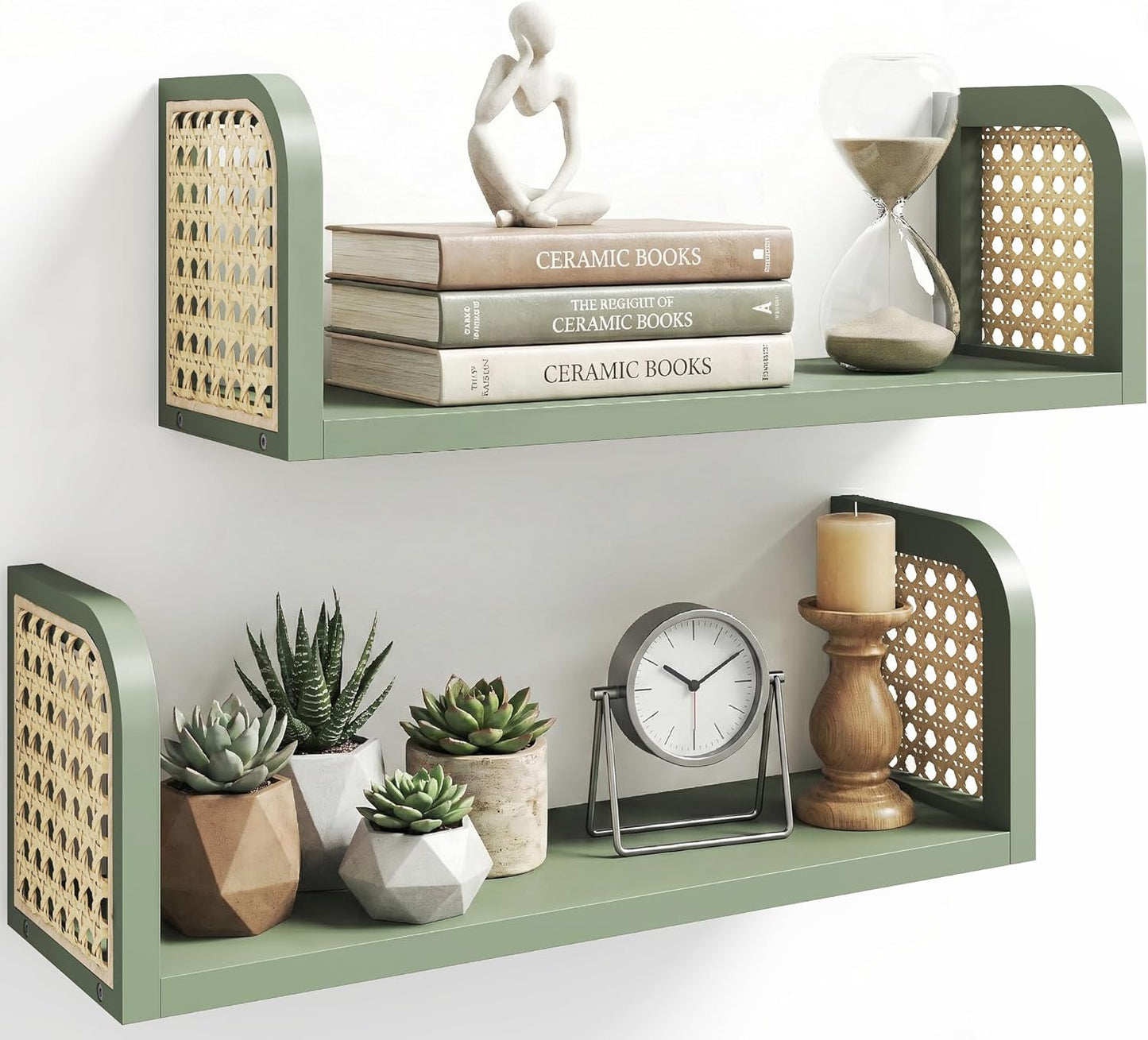 Green Rattan Shelf Set of 2, Cute Nursery Shelves Wall Mounted, Natural Hanging Bookshelf Storage, Boho Decorative Floating Shelves for Kids Room, Living Room, Play Room, Bedroom, Home Decor