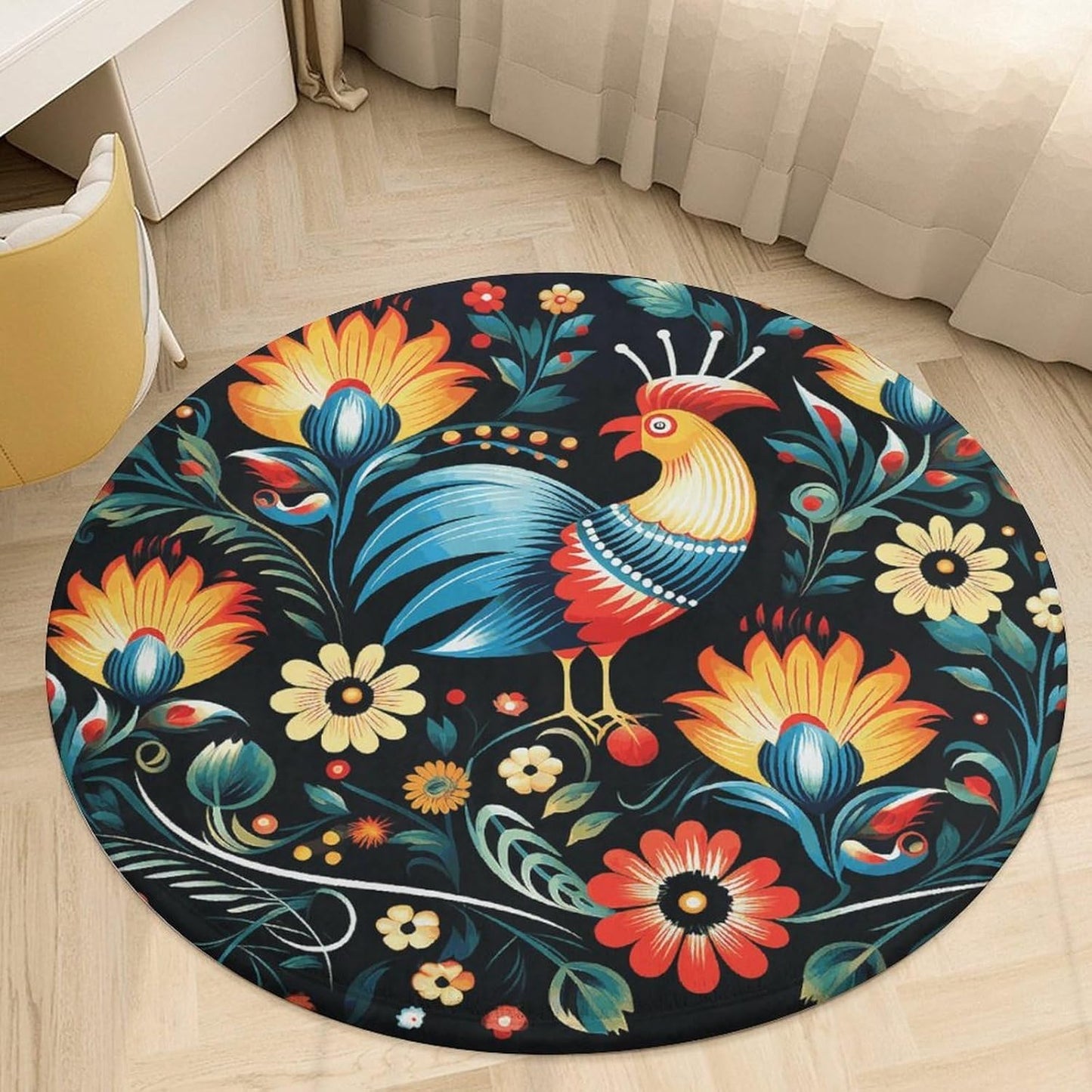 Polish Folk Art Pattern Circle Rug Retro Luxury Coral Velvet Floor Mat Non Slip Soft Indoor Floor Carpet Comfy Thickened Area Rugs Modern Aesthetic Minimalist Carpets for Home Decor