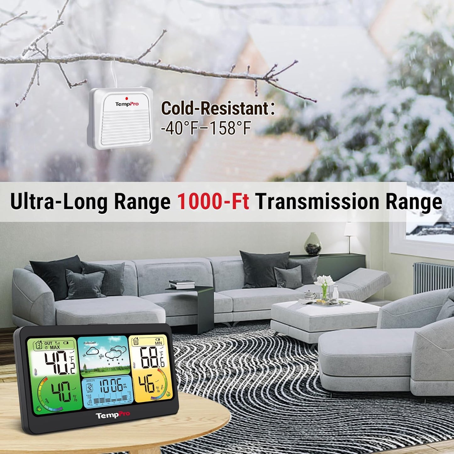 TempPro TP280 1000FT Home Weather Stations Wireless Indoor Outdoor Thermometer, Weather Stations with Accurate Sensor, Inside Outside Weather Thermometer Barometer with Forecast(Previously ThermoPro)