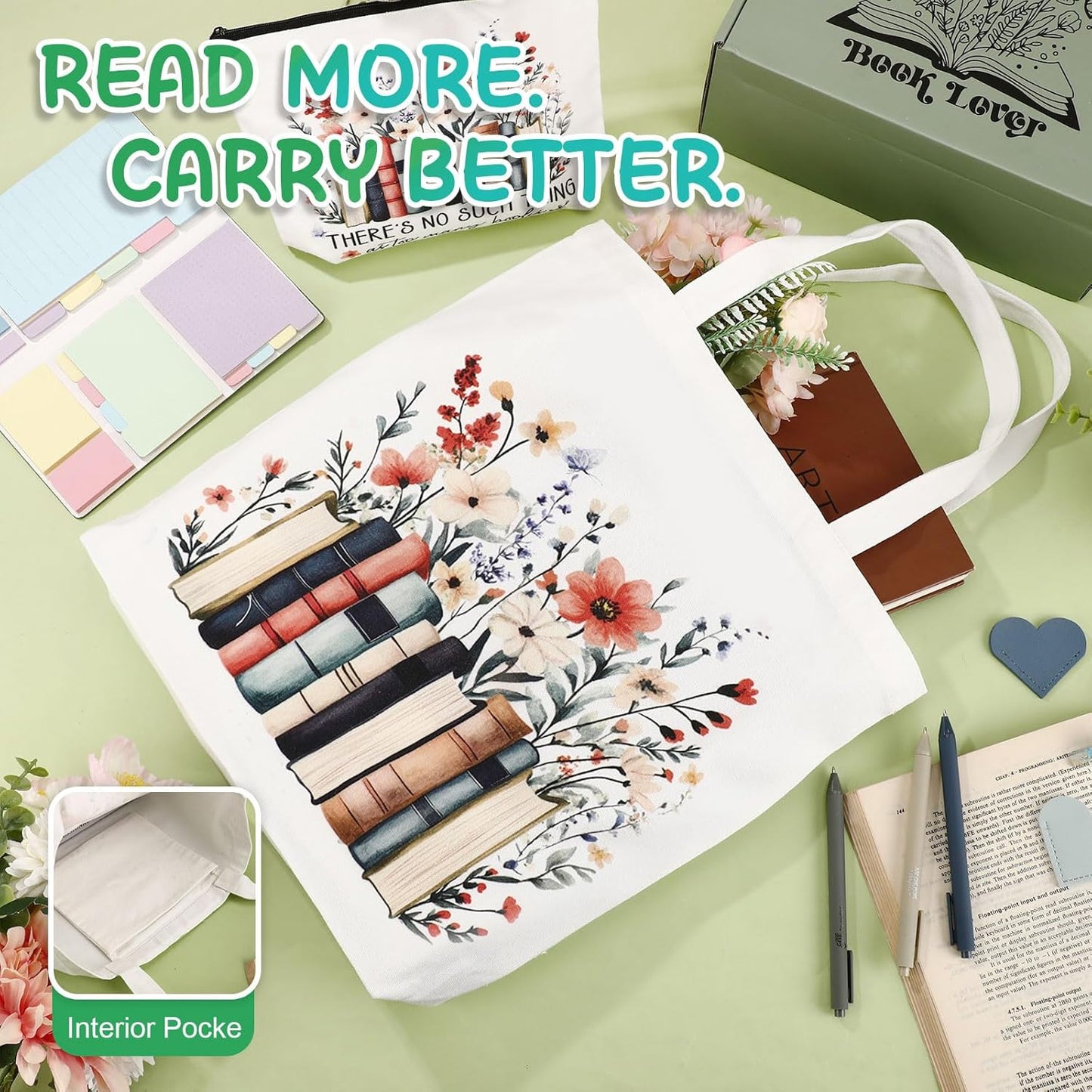 Marspark 12 Pcs Book Lovers Gift Set for Women Include Canvas Tote Glass Cup Makeup Pouch Floral Soy Candle Heart Bookmarks Page Holder Pens Sticky Notes Book Club Gift for Readers Librarians