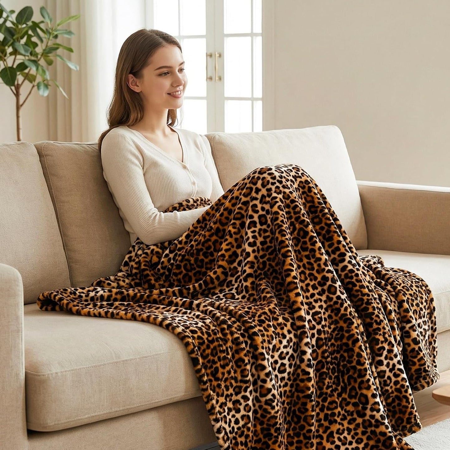 Vessia Leopard Printed Throw Blanket for Couch,Bed,Sofa, Soft Cozy 290GSM Classic Leopard Pattern Blanket for All Season, Lightweight Comfy Yellow Cheetah Animal Print Flannel Fleece Decor