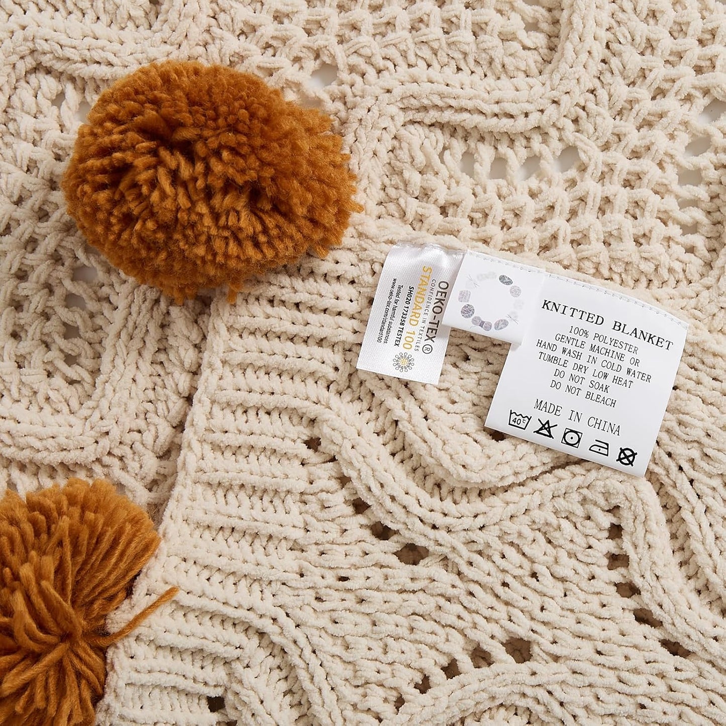 vctops Boho Chenille Knitted Throw Blanket for Couch Cute Pompom Soft Cozy Bed Blankets Decorative and Giftable Striped Blanket for Women, Men (Beige,51"x63")